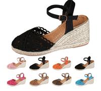Sandali con zeppa da donna, espadrillas, in pizzo, con cinturino con fibbia, scarpe da spiaggia chiuse, con soletta imbottita, eleganti sandali da spiaggia per tutti i giorni e le vacanze, Nero , 41