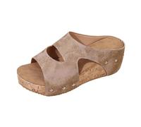 Sandali con zeppa da donna in pelle comfort chic - slip on on à filer, punta aperta, tomaia traforata con ritagli laterali, suola spessa con zeppa per primavera, estate, tempo libero, quotidiano, 01