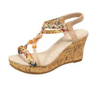 Sandali con zeppa da donna, nudo piedi bohemian | Punta aperta, cinturino posteriore elastico, spose intrecciate stampate con perline e ciondoli decorativi al centro | Spiaggia, Viaggi, Vacanze, Stile