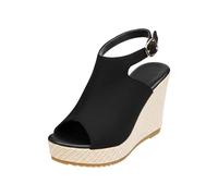 Sandali con zeppa da donna | Punta aperta con tomaia coperta, cinturino posteriore con fibbia laterale, suola alta zeppa, piattaforma e suola dentata visibile | Scarpe estive per città, uscita, 01