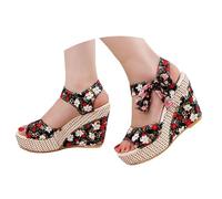 Sandali con zeppa donna di pesce sandali da donna casual stampa fiore e fiocco donna per piedi e dolorosi Sandalo donna vintage con tacco quadrato punta quadrata in nabuk, Le Noir, 37 EU Large