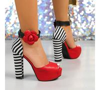 Sandali con zeppa e tacco alto vintage a righe bianche e nere per donna, con cinturino alla caviglia, fiore di rosa 3D, punta aperta e tacco super alto CN35,CN36,CN37,CN38,CN39,CN40,CN41,CN42,CN43Bloc