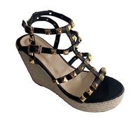 Sandali con Zeppa per Donna Sandali da Spiaggia Estivi con Piattaforma Intrecciata in Erba con Fibbia Peep Toe Sandali Antiscivolo Traspiranti Vintage all'aperto,Nero,36