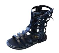 Sandali da bambina 30, in pelle, traspiranti, antiscivolo, leggeri, piatti, lunghi, flessibili, comodi, con chiusura lampo laterale, perfetti per le principesse, Nero , 27 EU