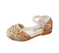 Sandali da bambina con paillettes, scarpe da principessa Mary Jane, punta chiusa, tacco basso, scarpe per Natale, matrimonio, fiori, scarpe per bambine, Oro, 33 EU