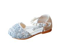 Sandali da bambina con paillettes, scarpe da principessa Mary Jane, punta chiusa, tacco basso, scarpe per Natale, matrimonio, fiori, scarpe per bambine, Argento, 34 EU