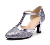 Sandali da danza latina da donna in tessuto glitterato con cinturino in pelle metallica, a forma di T con tacco a spillo, suola morbida e speciale danza, allenamento spettacolo