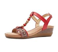 Sandali da Donna 2023 Estate Sandali Piatti con Cinturino da Donna Scarpe da Spiaggia Boemia Perline Gioiello Vintage Clip Toe Ring Infradito Sandali Piatti Gladiatore,Rosso,37 EU