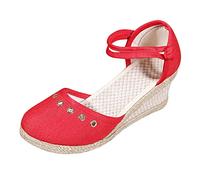 Sandali da donna 2026 sandali da donna piattaforma cuneo moda versatile fibbia intrecciata traspirante sandali con zeppa elegante casual larghi piedi donna sandali, Colore: rosso, 41 EU Stretta