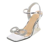 Sandali da Donna a Punta Quadrata con Tacco Gattino da 9 cm - Scarpe da Festa estive alla Moda per ricevimento di Nozze, Viaggi di Vacanza,Argento,45 EU