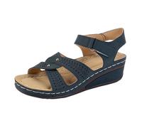 Sandali da donna alla moda con tacco a zeppa per un design casual a punta aperta, combinati con stile con denim, perfetti comfort quotidiano grazie alla loro forma ariosa e alla suola robusta, Blu