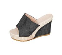 Sandali da donna alla moda con zeppa in denim, casual, punta aperta, con base in paglia, per look estivi da spiaggia e street style, Nero , 40.5 EU