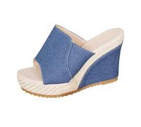 Sandali da donna alla moda con zeppa in denim, casual, punta aperta, con base in paglia, per look estivi da spiaggia e street style, Blu, 40.5 EU