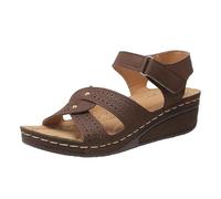 Sandali da donna alla moda con zeppa per un design casual a punta aperta, combinati con stile e denim, perfetti comfort quotidiano grazie alla loro forma ariosa e alla suola robusta, caffè, 42 EU