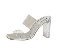 Sandali da donna alla moda estivi con cintura trasparente quadrata aperta punta spessa tacco alto sandali carino vestito, Argento, 39.5 EU stretta