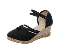Sandali da donna bianchi estivi da donna con tacco, eleganti espadrilles da donna in lino, per il tempo libero, con plateau chiusi, sandali in paglia più spessi, leggeri e ad asciugatura rapida, Nero