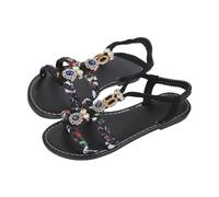 Sandali da donna Bohe con cinturino a T e cinturino a T regolabile, punta aperta, estivi, cinturino alla caviglia, in maglia, casual, sandali da spiaggia con strass, traspiranti, leggeri, Nero , 7 UK