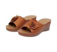 Sandali da donna Bohe con zeppa piatta con cinturino a T regolabile Open Toe Summer Sliders Lady Slip On Knit Casual Beach Sandali Fiore Traspirante Leggero Infradito, Marrone, 39.5 EU