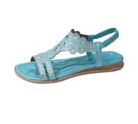 Sandali da donna bohémien 2026 eleganti sandali estivi boho con zeppa per le donne strass perline elastico cinturino alla caviglia infradito punta aperta scarpe piatte da spiaggia, Blu, 36 EU