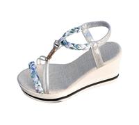 Sandali da donna bohémien con zeppa romana, sandali con zeppa larga, sandali estivi da spiaggia, casual, scarpe da vacanza alla moda, comode, versatili, leggere, ad arco, taglia 36-40, blu cielo, 38