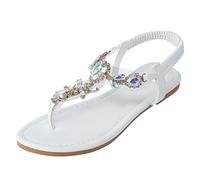 Sandali da donna boho, eleganti con strass, infradito con brillantini, per attività all'aperto, estive, infradito basse, comodi e traspiranti, bianco, 37