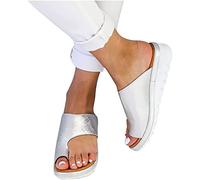 Sandali da donna casual estate ortopedico correzione in pelle con punta ad anello pantofole sandali tacco piatto spiaggia infradito da donna, bianco, EU40/US8