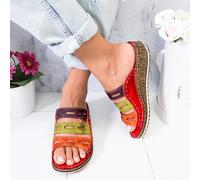 Sandali da donna chic alla moda con cuciture tricolore, sandali estivi da spiaggia con punta aperta, modello slip-on.
