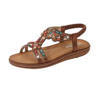 Sandali da donna Comfort con cinturino elastico alla caviglia Casual Boemia Scarpe da spiaggia moda strass perline scarpe casual punta aperta tacco basso sandali, marrone, 41 EU