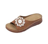 Sandali da donna comodi, casual, con punta aperta, per camminare, estivi, con applicazioni floreali, Marrone, 38 EU