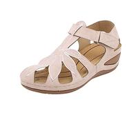 Sandali da donna comodi con puntale e ricamo a foglia, cinturino a T, tacco a zeppa, comodi sandali da trekking, robusti, scarpe sportive leggere, sandali chiusi sul davanti, sandali con cinturini