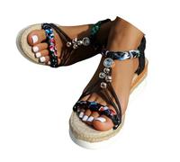 Sandali da donna, comodi, estivi, espadrillas con zeppa, cavigliera regolabile con lacci, comodi per camminare, vacanze, stile boho, casual, eleganti, comodi e resistenti, Nero , 38 EU