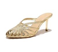 Sandali da donna con cinturino a spillo, punta chiusa, sexy, con tacco alto, per feste di fine anno, Oro, 36 EU