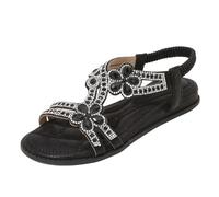 Sandali da donna con cinturino a T con cristalli scintillanti, piatti, estivi, comodi, elastici, leggeri, con strass, Nero , 38 EU
