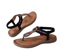 Sandali da donna con cinturino a T con perline colorate con pietre preziose elastiche sandali piatti scarpe da donna sandali tacco, Nero , 38.5 EU