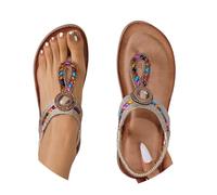 Sandali da donna con cinturino a T con perline colorate con pietre preziose elastiche sandali piatti scarpe da donna sandali tacco, Oro rosa, 36.5 EU