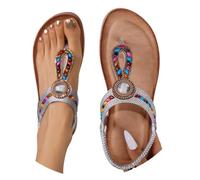 Sandali da donna con cinturino a T con perline colorate con pietre preziose elastiche sandali piatti scarpe da donna sandali tacco, Argento, 36.5 EU