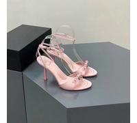 Sandali da donna con cinturino trasparente e allacciatura e tacco a spillo. Sandali francesi con tacco alto in raso per donna estate 2025. Nuovo stile, sandali aperti con cinturino singolo di alta qua