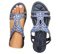 Sandali da donna con glitter, piatti, con strass, con suola morbida, stile boho, eleganti, regolabili, veloci, estivi, traspiranti, per attività all'aperto, Blu, 37 EU