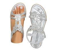 Sandali da donna con glitter, piatti, con strass, stile boho, suola morbida, sandali romani, eleganti, con fibbia regolabile, scarpe estive traspiranti, argento, 38 EU