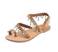 Sandali da donna con perline di cristallo piatto moda decorazione confortevole tinta unita scarpe casual estive spiaggia romanzo, marrone, 42 EU