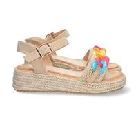 Sandali da Donna con Plateau, Comodi, Foderati in Juta, con Catena Multicolore sulla Tomaia e Chiusura con Fibbia, Collezione Primavera Estate 2023. Beige Talla 37