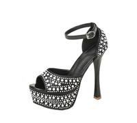 Sandali da Donna con Plateau e Cinturino alla Caviglia Decorati con Perle Nere - Tacchi a Spillo da 13 cm per Feste di Matrimonio, Ufficio,Nero,40 EU