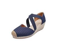 Sandali da donna con plateau, espadrillas, con lacci, scarpe estive con punta chiusa, sandali romani, sandali con zeppa e cinturini, adattabili, estivi da spiaggia, Blu scuro, 39 EU