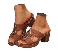 Sandali da donna con punta aperta, senza lacci, comodi, tacco a blocco, dettagli in metallo, scarpe estive con tacco elegante, Marrone, 39 EU
