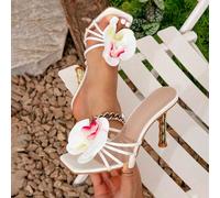 Sandali da donna con punta quadrata bianca, design con farfalla e orchidea, con tacco asimmetrico, slip-on, tacco alto, effetto allungante per le gambe, casual, eleganti, versatili CN35,CN36,CN37,CN38