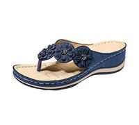 Sandali da donna con ricamo, infradito con plateau con zeppa, stile romano, comode scarpe estive, eleganti infradito per ragazze, per il tempo libero, estive, Blu, 39 EU
