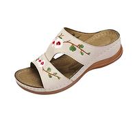Sandali da donna con ricamo, zoccoli e pantolette, per zeppa, sandali boho con zeppa, sandali piatti, colorati, impermeabili, antiscivolo, da donna, bianco, 37 EU