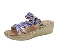 Sandali da donna con strass, con zeppa, traspiranti, eleganti, per il tempo libero, con suola morbida, alla moda, per attività all'aria aperta, Blu, 38 EU