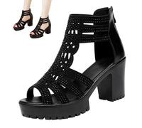 Sandali da donna con strass Peep Toe tacco grosso zip posteriore bocca di pesce sandali gladiatore glitter Hollow Slip-on piattaforma bohemien zeppe romane, Nero , 38.5 EU