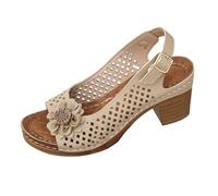Sandali da donna con tacco a blocco, aperti sulla punta, con fiori intagliati, scarpe estive comode da camminare, altezza media, Beige, 38.5 EU
